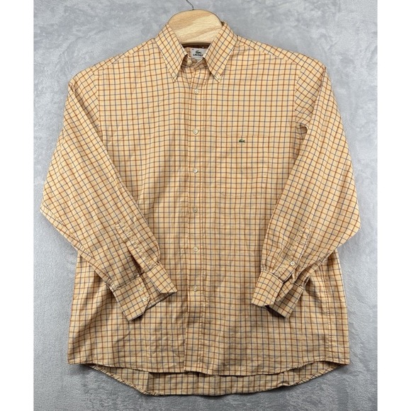 Lacoste Cotton Classic Shirt Orange Check Button Down Long Sleeve‎ Men's Size 45 - Picture 1 of 5